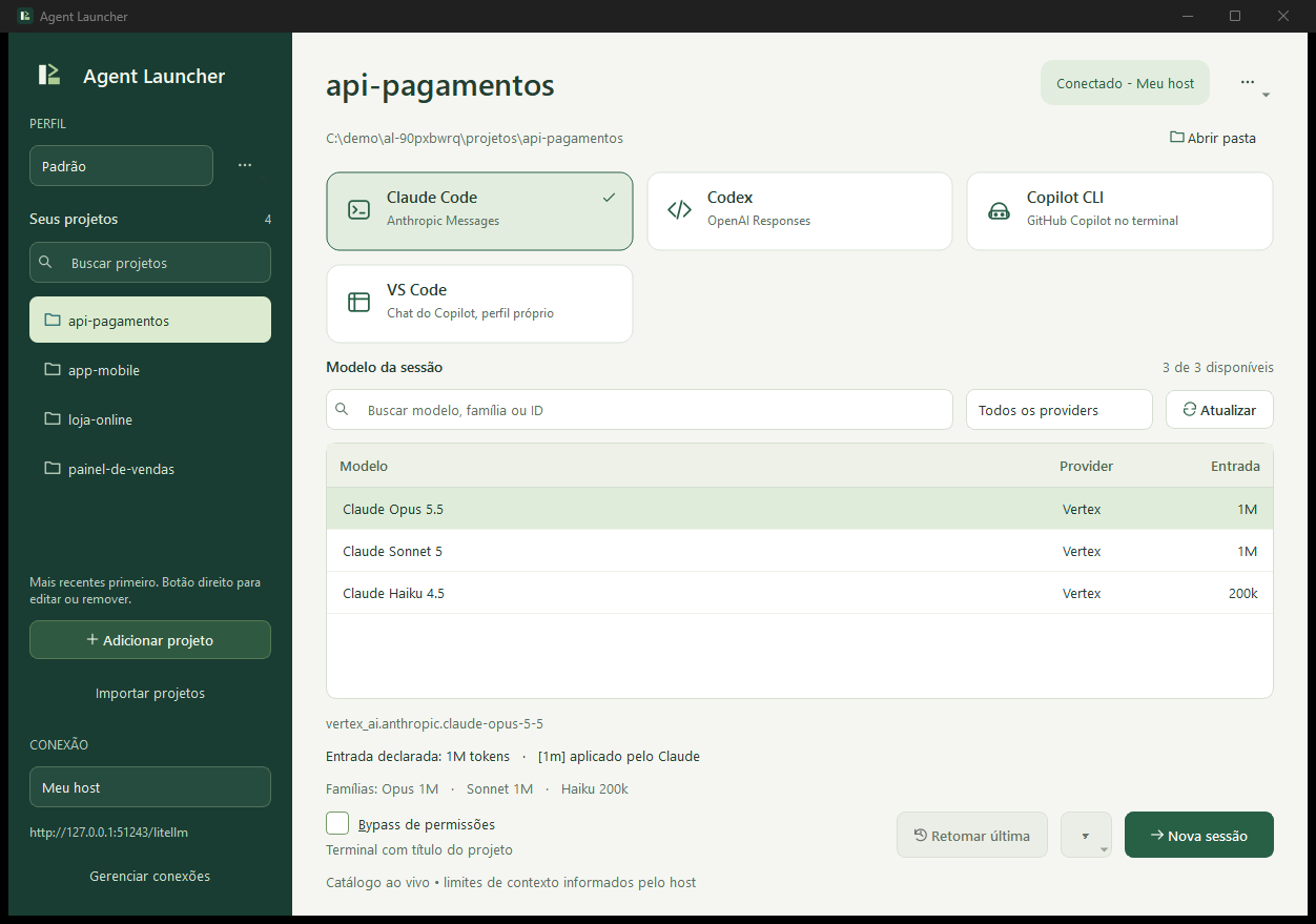 Janela do Agent Launcher: lista de projetos à esquerda, cartões dos agentes Claude Code, Codex, Copilot CLI e VS Code, tabela de modelos com provider e entrada, e os botões Retomar última e Nova sessão.